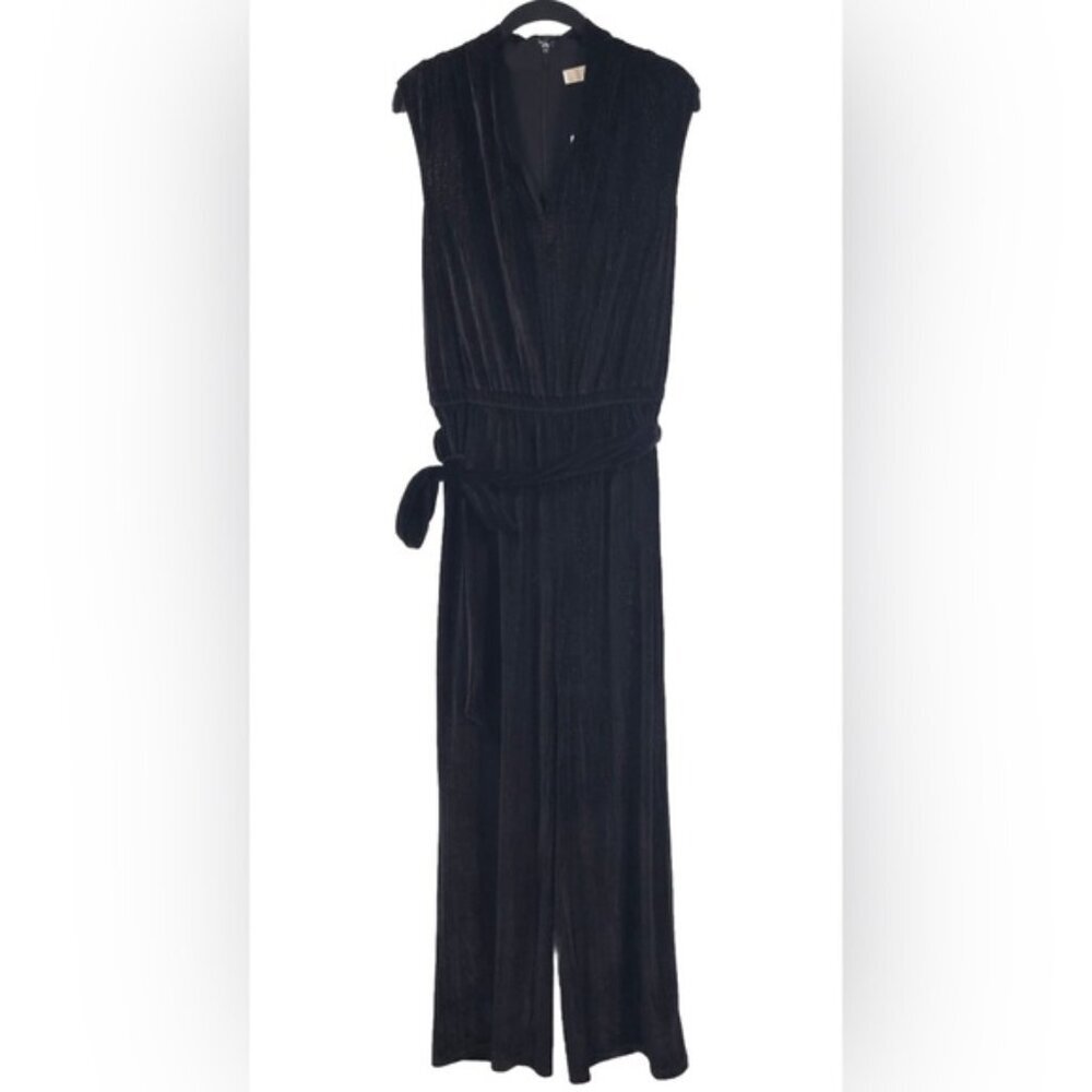 NWT MICHAEL KORS Black Silver Vneck Wide Leg Jumpsuit Tie Belt Sleeveless MEDIUM